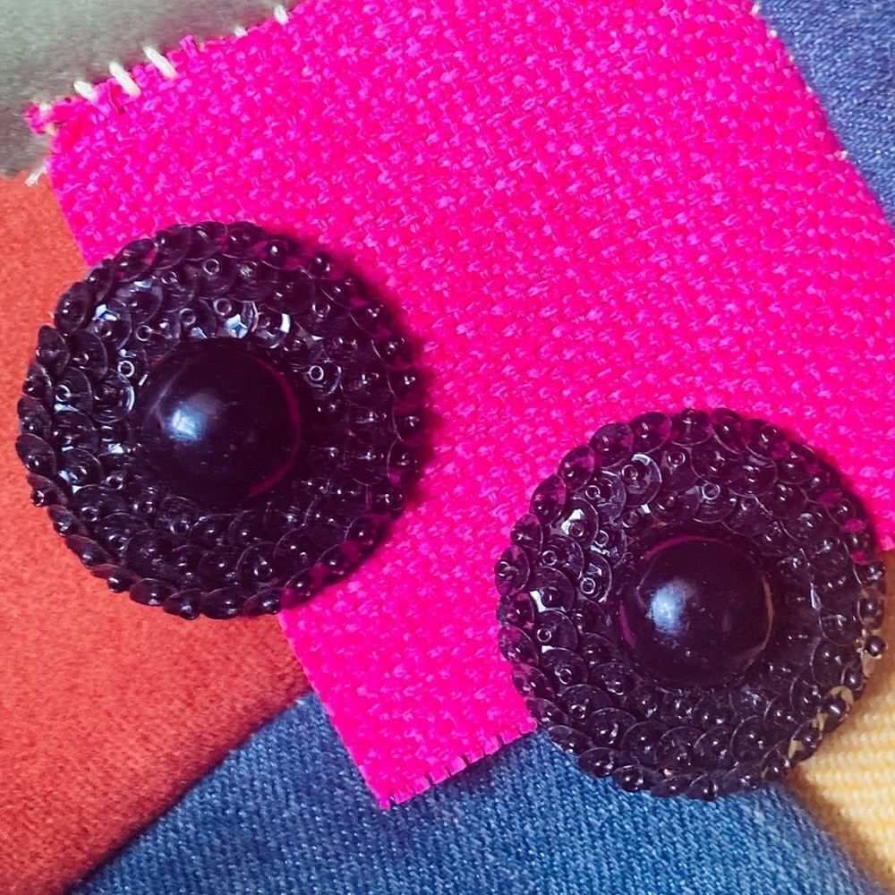 Black Sequined Glass Beaded Clip On Earrings